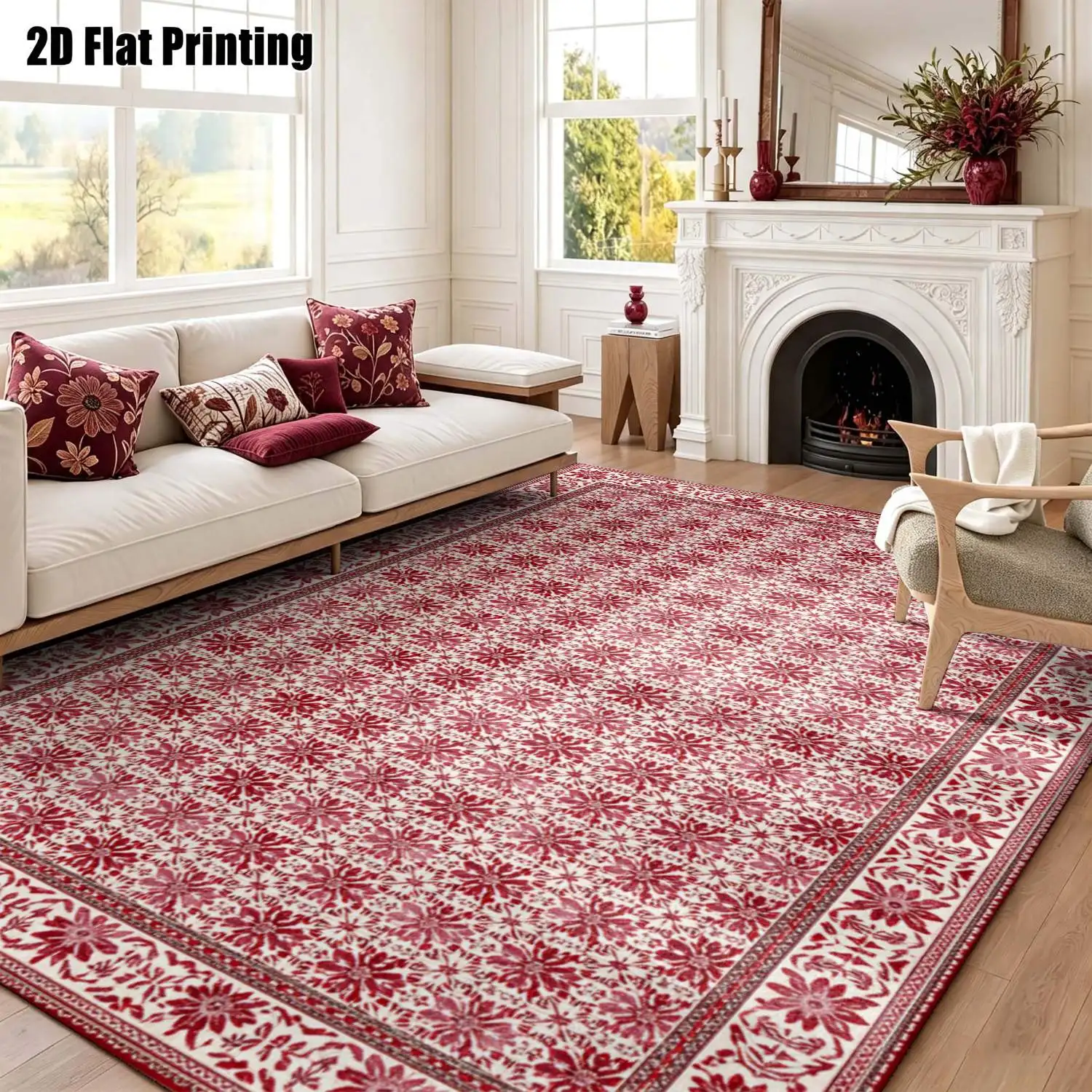 1Pc 2D Printed Burgundy Retro Floral Carpet: European/Bohemian Style, Home Decor, Multi-Size, Machine Washable, Multi-Scene Use