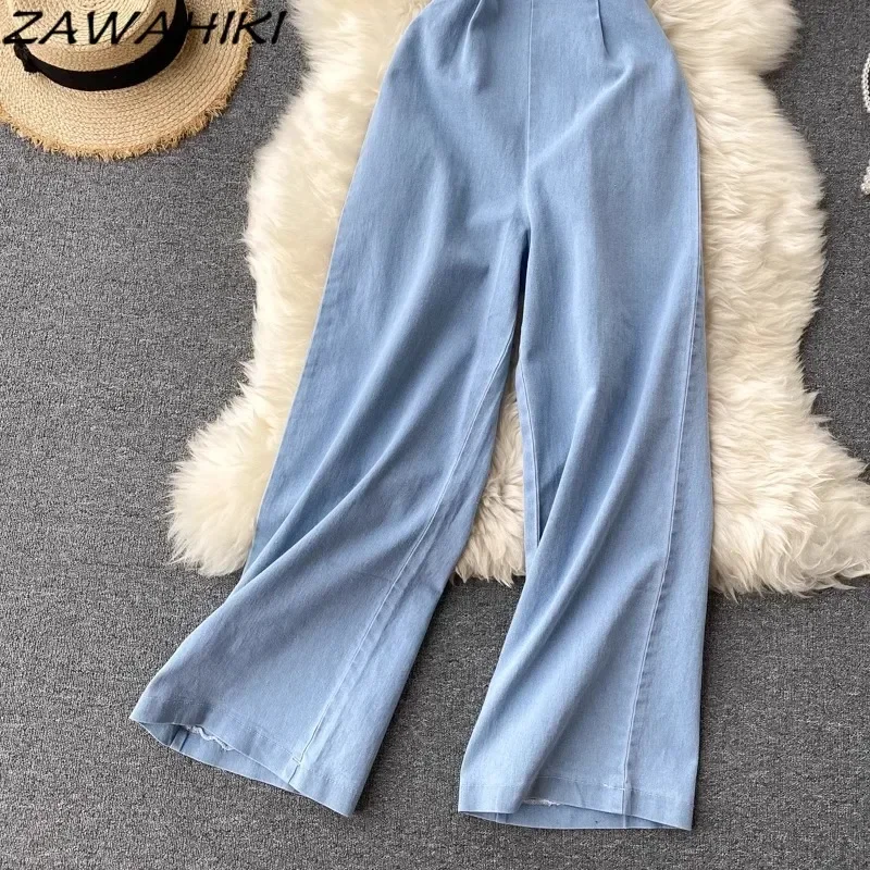 Denim Jumpsuit Women Halter Sleeveless Combinaison Femme High Waist Wide Leg Bodysuit Female Temperament Office Lady Ropa Mujer