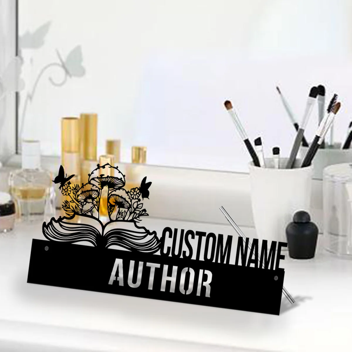 Custom Mystical Mushroom Book Desk Name Plate Wedge Personalized Author Nameplate Office Sign Shelf Tabletop Nerd Book Reader