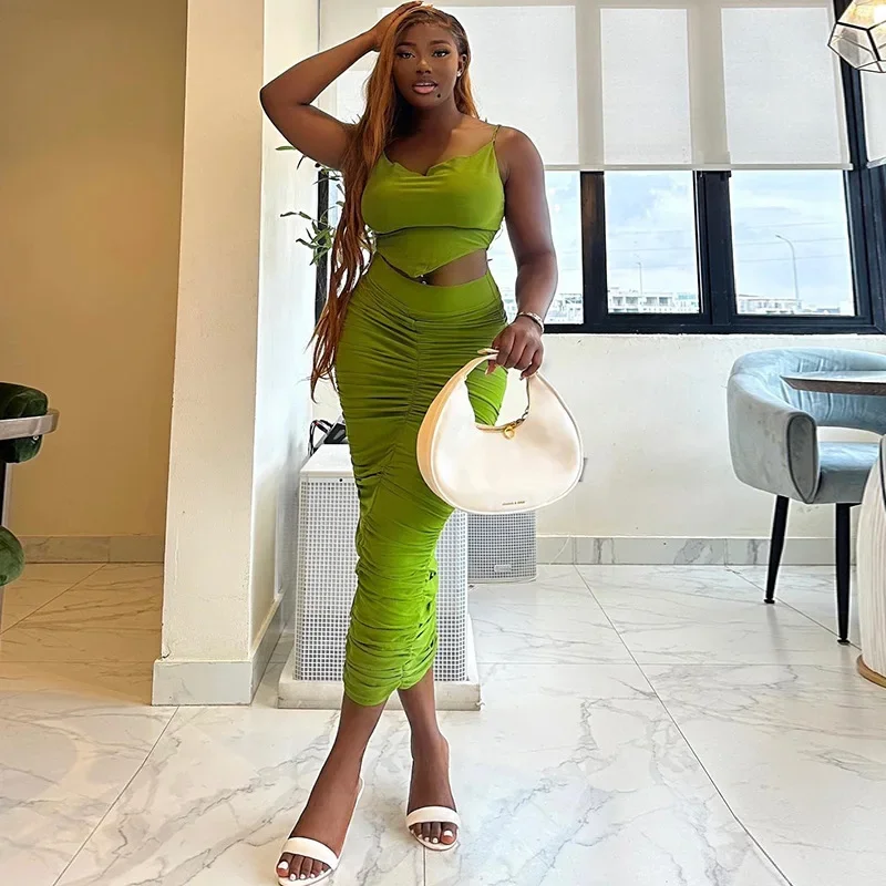

CPSYMYM Green Two Piece Skirt Sets Sexy Outfits Women Sleeveless Vest Top + Pleated Bodycon Skirts Suit Party Clubwear Clothing