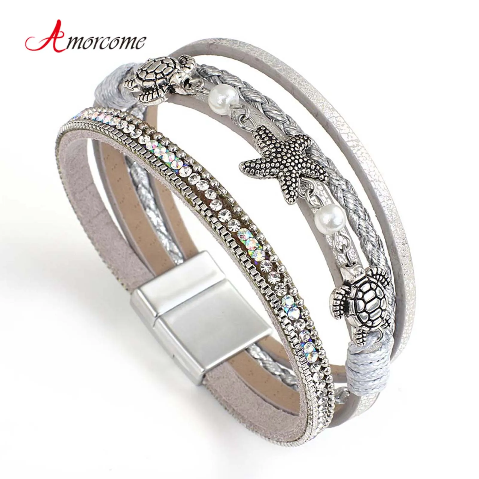 Amorcome Boho Metal concha estrella de mar cuentas encanto brillante Rinesotne pulseras envolventes de cuero Vintage verano playa joyería femenina