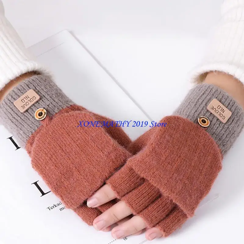 

F42F Half Finger Mittens Convertible Gloves Knitted Gloves Color Matching Design