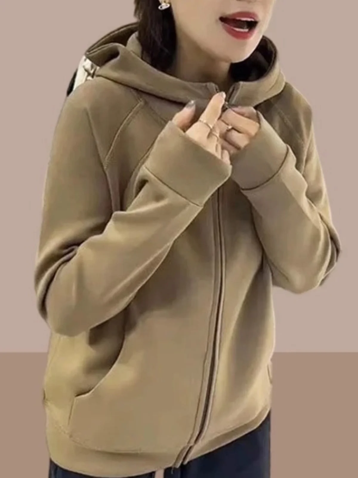 Thiened Fce フード付きジッパーカーディガン スウェットシャツ レディース アウター 秋冬 レギュラー Sve ロングフード付き 通勤 Sle