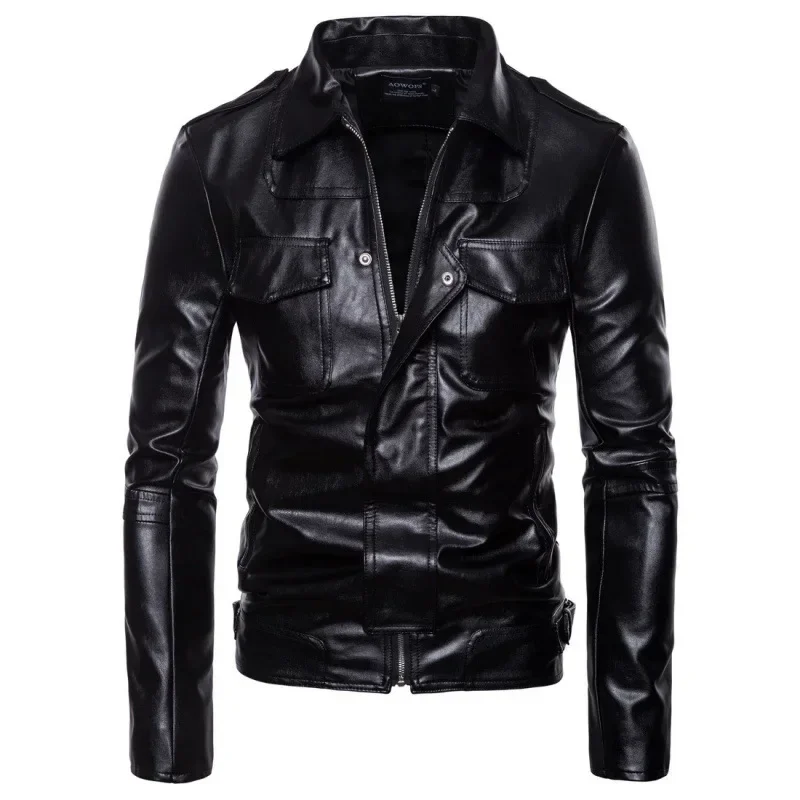 2023 New Foreign Trade Men's Motorcycle Leather Coat Lapel Leather Jacket PU Leather Large Casual Coat