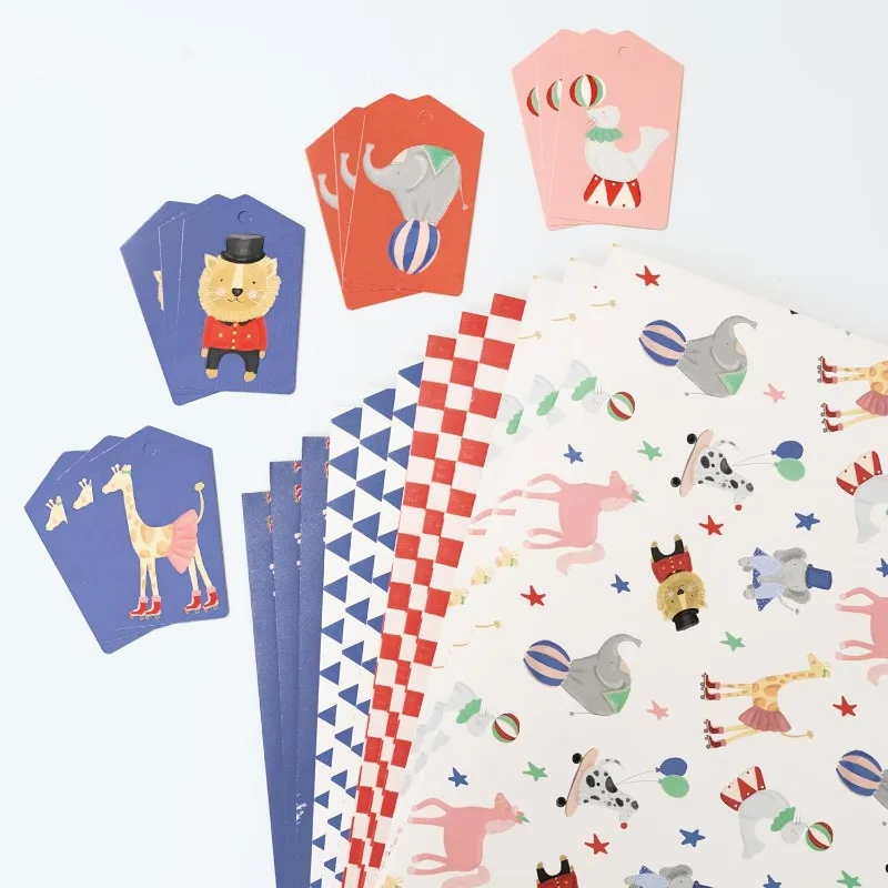 

24Pcs Circus Theme Gift Wrapping Carnival Animal Striped Red Blue Giftwrap Kids Birthday Greeting Party Craft Paper Favors