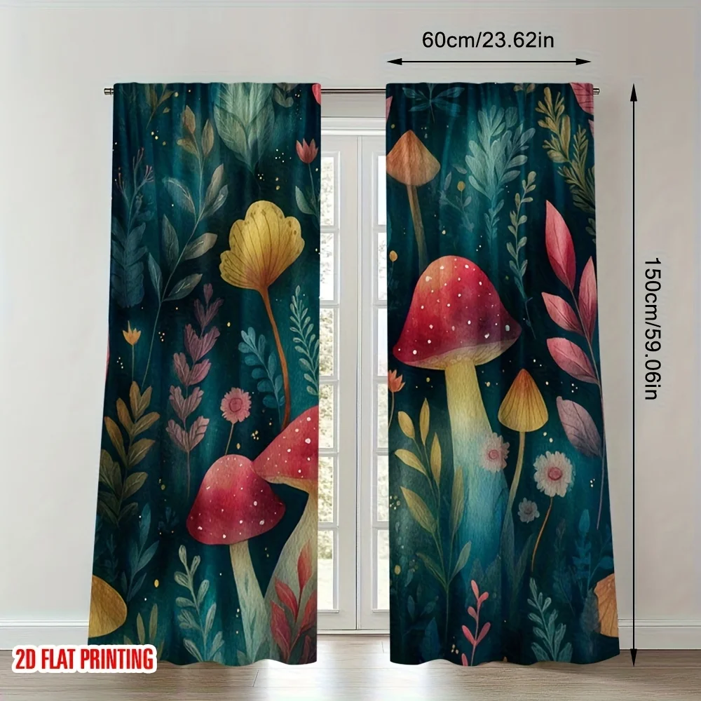 Mushroom Forest design pattern printed curtain with a rod pocket, suitable for bedrooms, living rooms, and offices