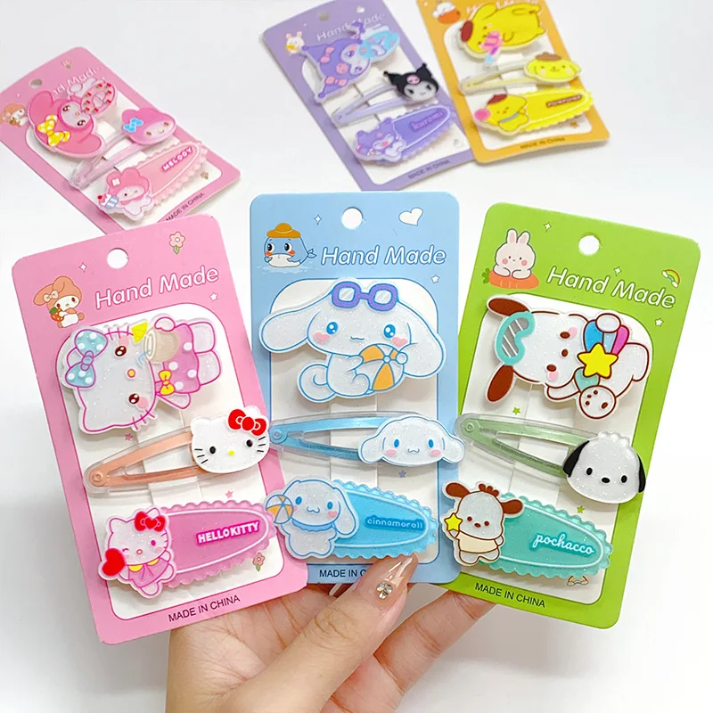 3Pcs Sanrio Kuromi Acrylic Hair Clips Anime Hello Kitty Bb Clip Girls Side Clip of Bangs Princess Bobby Pin Hair Accessories Toy