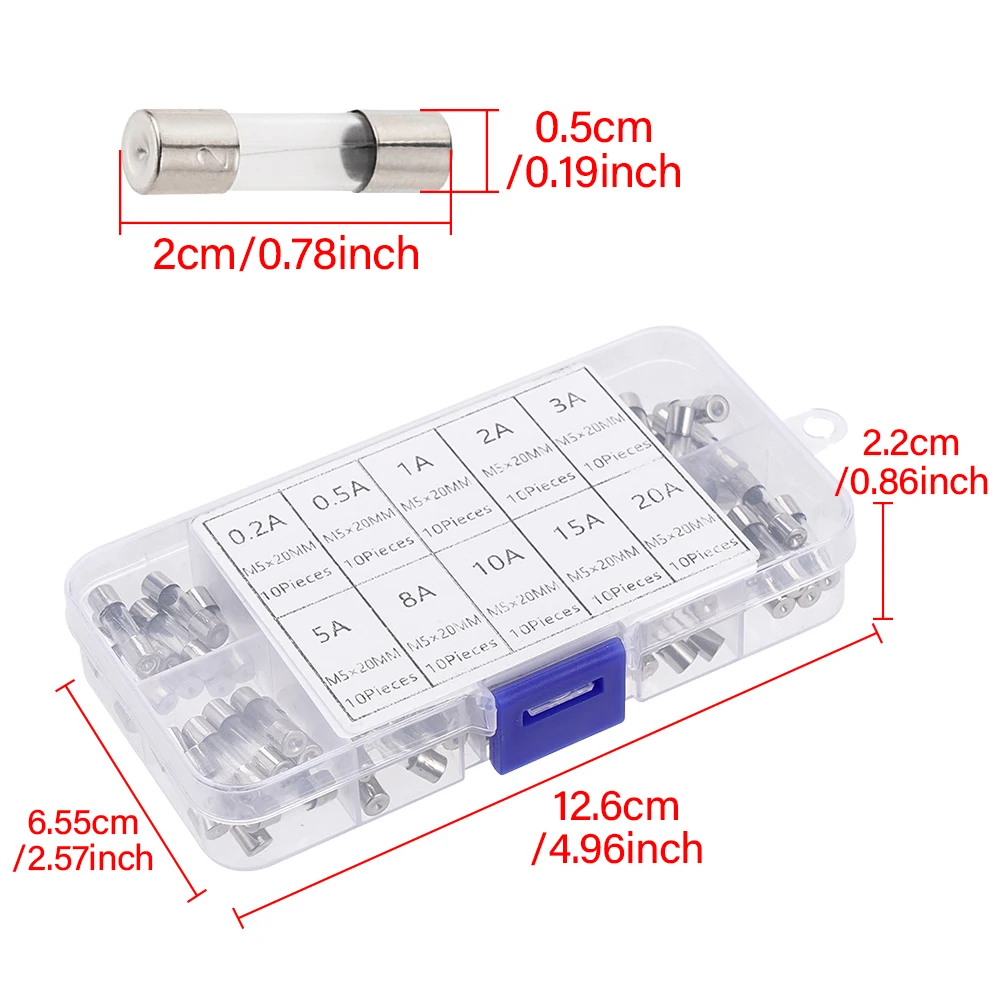 100pcs 5x20mm Glass Fuse Kit 0.2A-20A Fast Acting for Circuit Board Car Audio Home Appliance Repair protection component