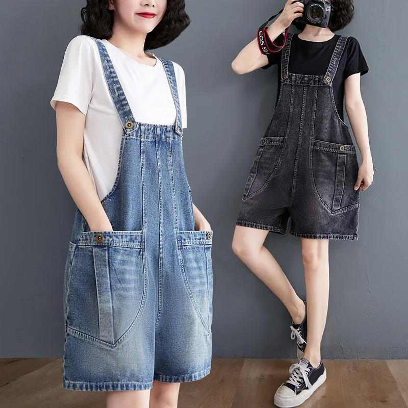 

Women's Jeans Denim Bib Shorts Female 2023 New Summer Korean Student Suspenders Jumpsuit Loose Wide-Leg Cowboy Pants Rompers