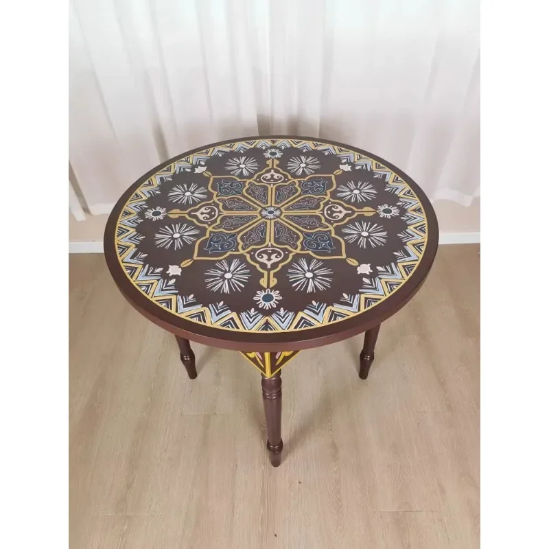 Arab handmade solid wood carving flower coffee table round table retro Moroccan wood painted round edge few bed and breakfast co