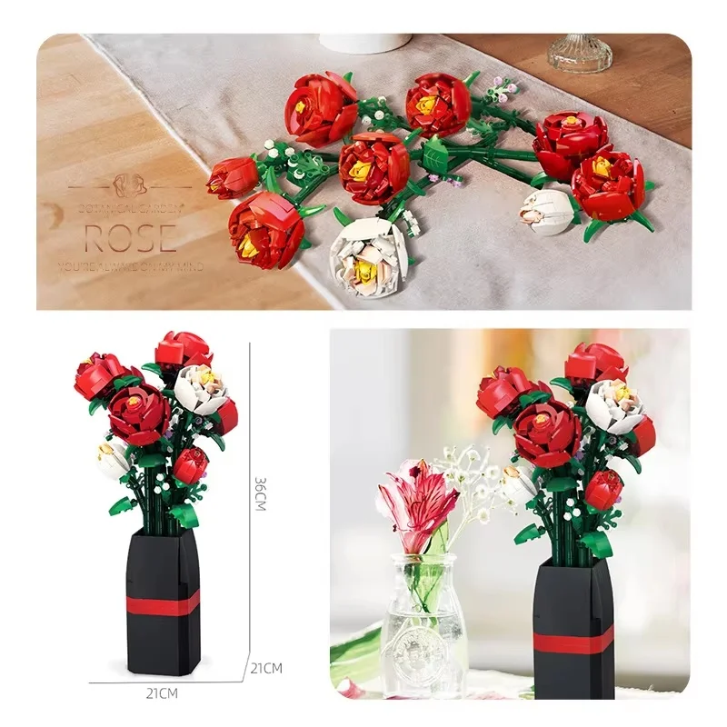 New Bouquet Bouquet of Roses Compatible Construction Artificial Flowers Building Blocks Toys Bricks Birthday Gifts Home Decor