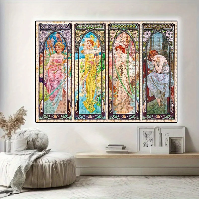 Art Nouveau Stained Glass Style Four Panels Jigsaw Puzzle Adult Vintage Art Theme Intellectual Game Home Leisure Decorative Puzz