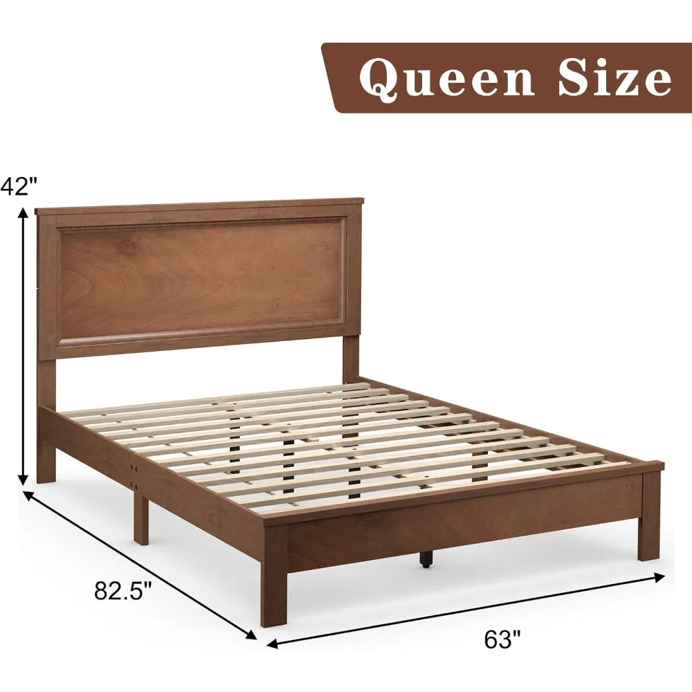 Wood Platform Bed Frame with Headboard, Wooden Mid Century Platform Bed with Slat Support & Under Bed Storage