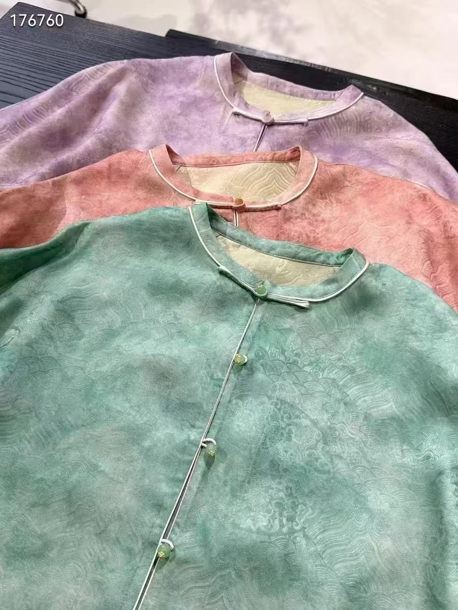 Primavera e autunno Nuovo O-Collo Jacquard di seta Paesaggio Cliff Giacca Polsini colorati a contrasto Top da donna indossabile su due lati S-XL