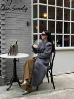 Long Grey Wlooen Women Coat Vintage Full Sleeve Double Breasted Lapel Pocket Female Jacket 2025 Autumn Winter Lady Streetwear