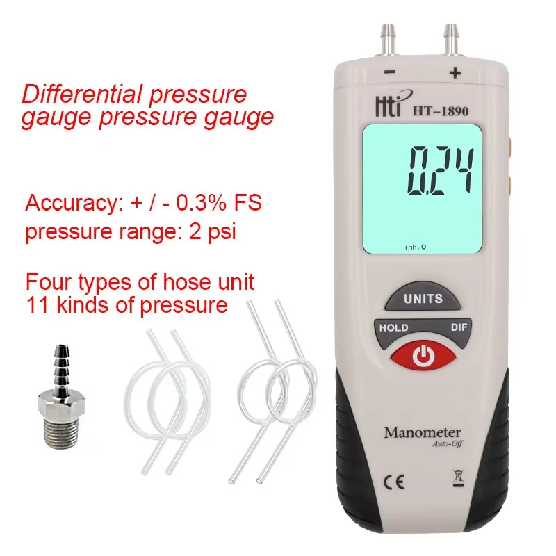 Hit HT1890 LCD Large Screen Digital Differential Pressure Gauge Cleanroom Industrial Supplies Dual Port Pressure Difference