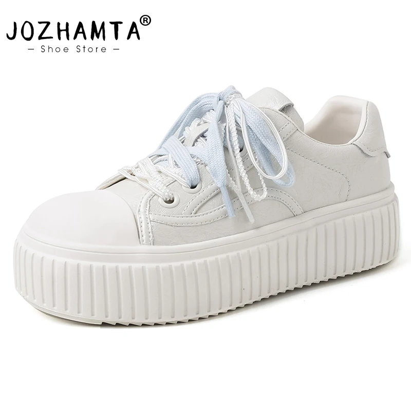 JOZHAMTA Women Sneakers Real Leather Thick Heels Platform Shoes Casual Tennis Lace-Up Athletic Breath Daily Trainer Size 35-40