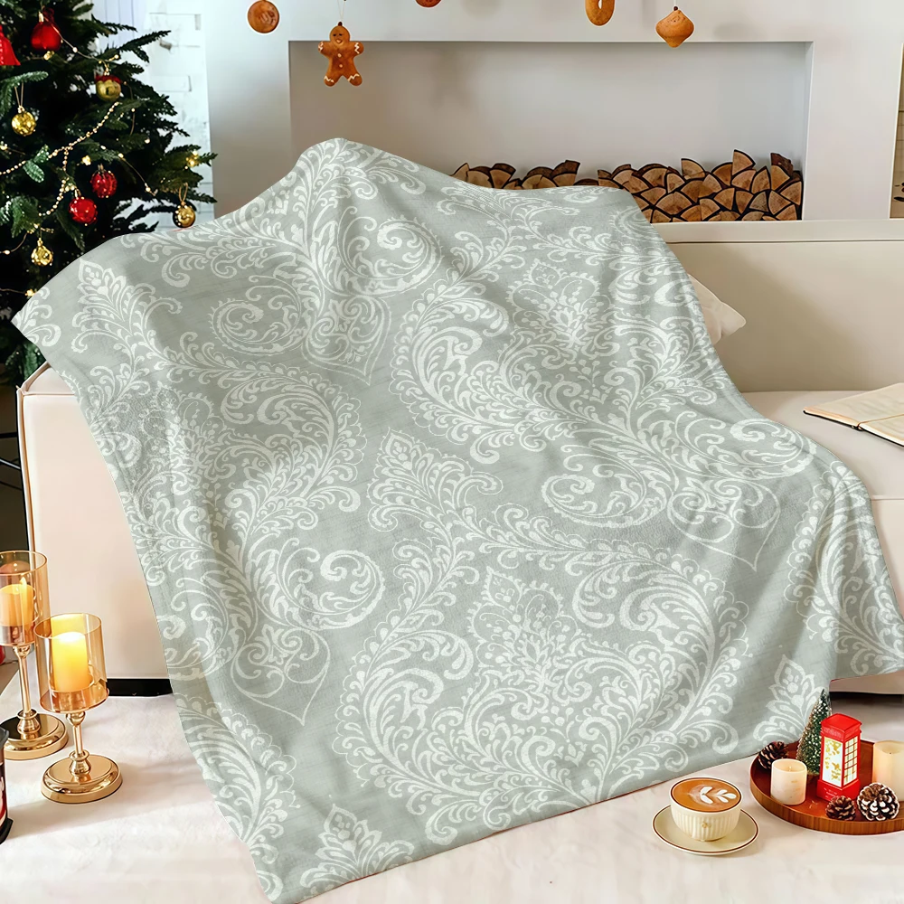 Light Grey Green Damask Flannel Blanket Soft Fuzzy Plush Cozy Warm Throw for Sofa Bed Couch Home Decor Gifts
