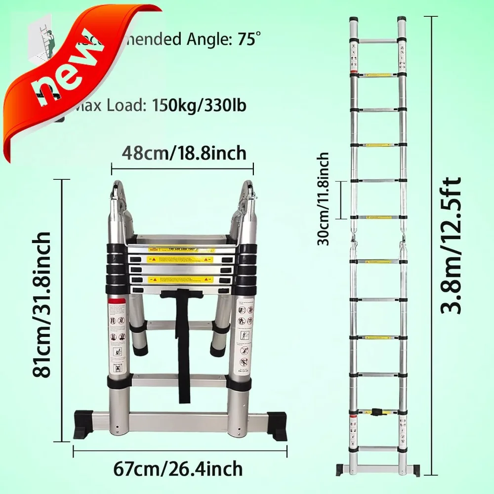 12.5FT الألومنيوم تصغير سلم تمديد 330 رطل قدرة الثقيلة طوي ألف الإطار EN131 معتمد للمكتب المنزلي #2