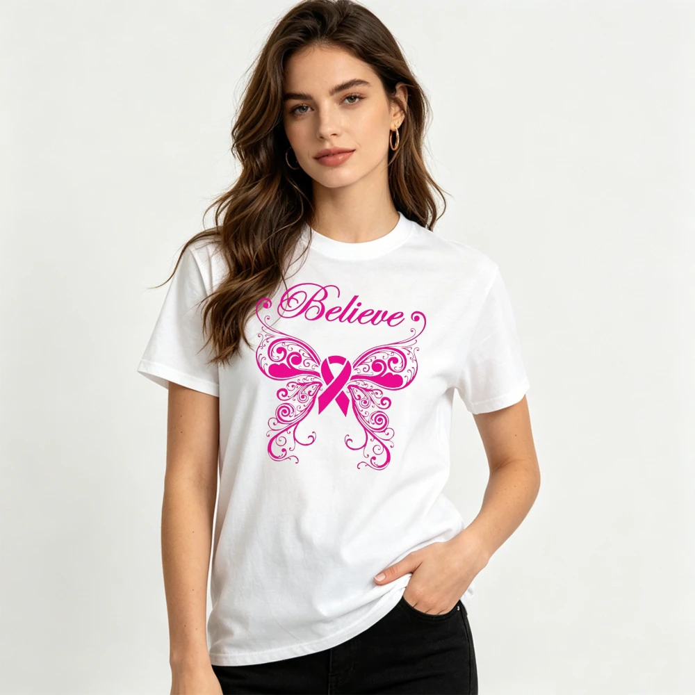 Football Splash Art Pink Ribbon Graphic Women Summer Cotton T Shirt Breast Cancer Support Sport Theme Vivid Color Apparel