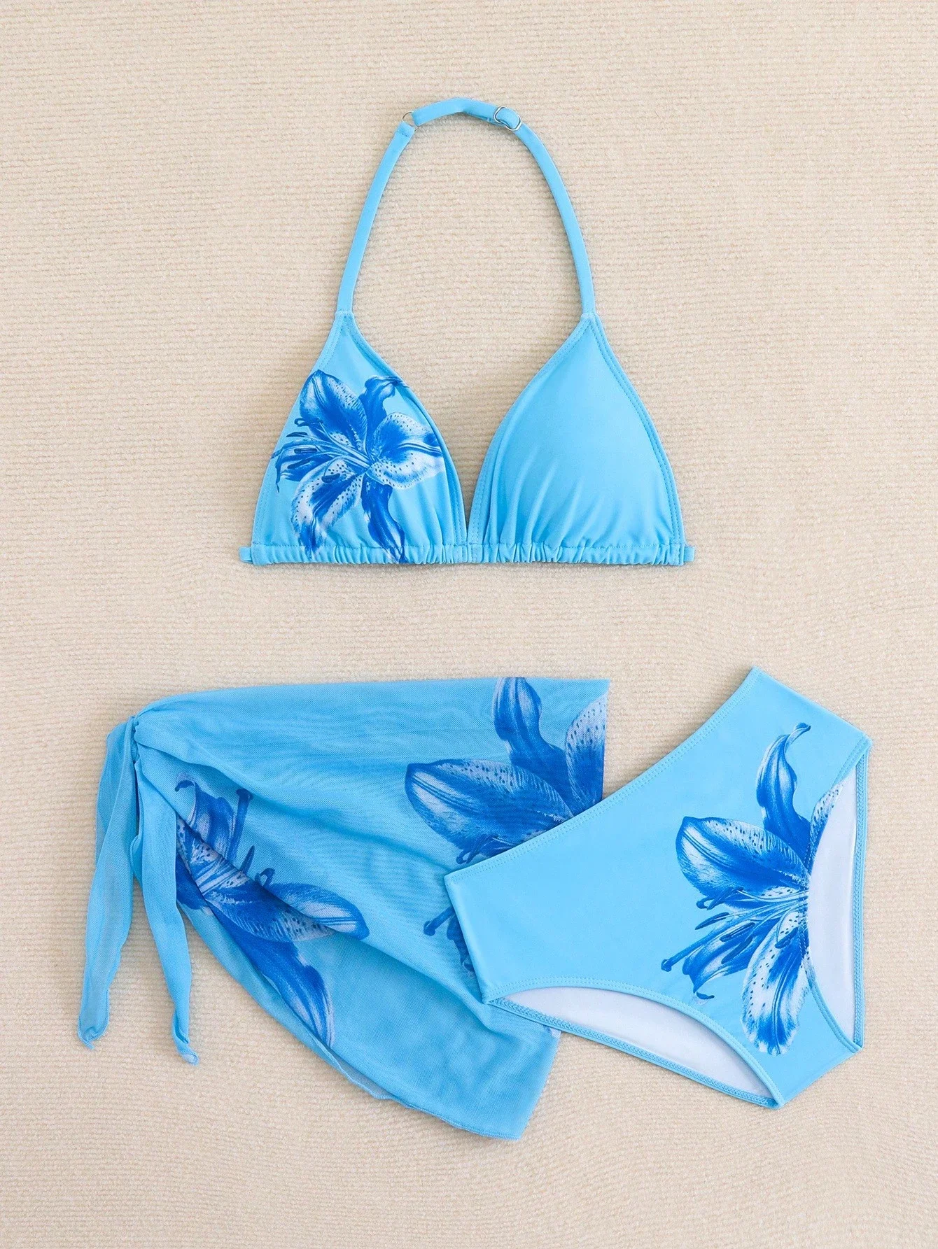 

Light Blue Lily-Print Halter Triangle Bikini Set With Mesh Sarong Cover-Up For Teens