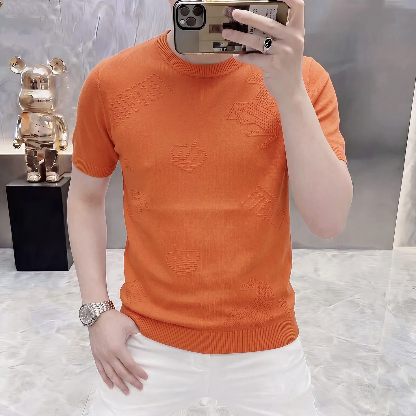 Jacquard Knitwear T Shirt For Men Short Sleeve Viscose Blends Ice Summer Quality Smooth Comfortable Stretchy Camisetas De Hombre