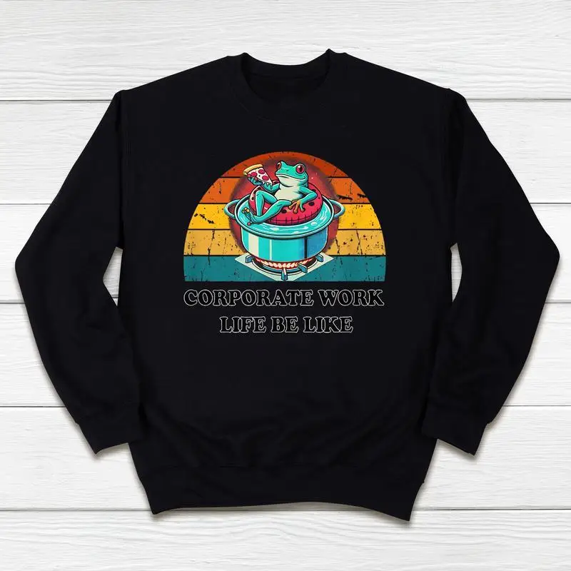 

Funny Corporate Work Life Sweatshirt Men's Retro Frog Bathtub Print Pullover Office Humor Gift for IT Programmer Boss
