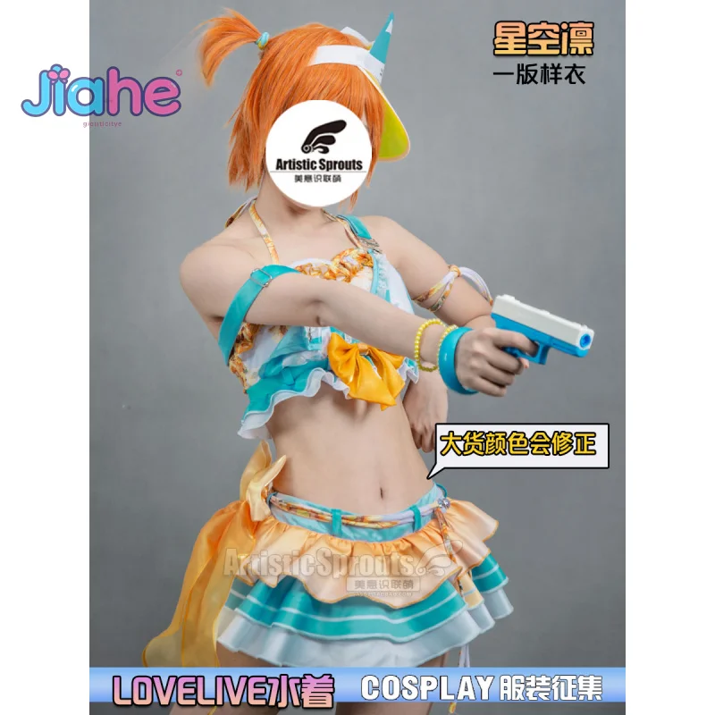 Anime ¡Ama vive! Rin Hoshizora disfraz de Cosplay para mujer, fiesta de Halloween, dulce falda superior, conjunto de sombreros, vacaciones de verano, traje de baño de playa