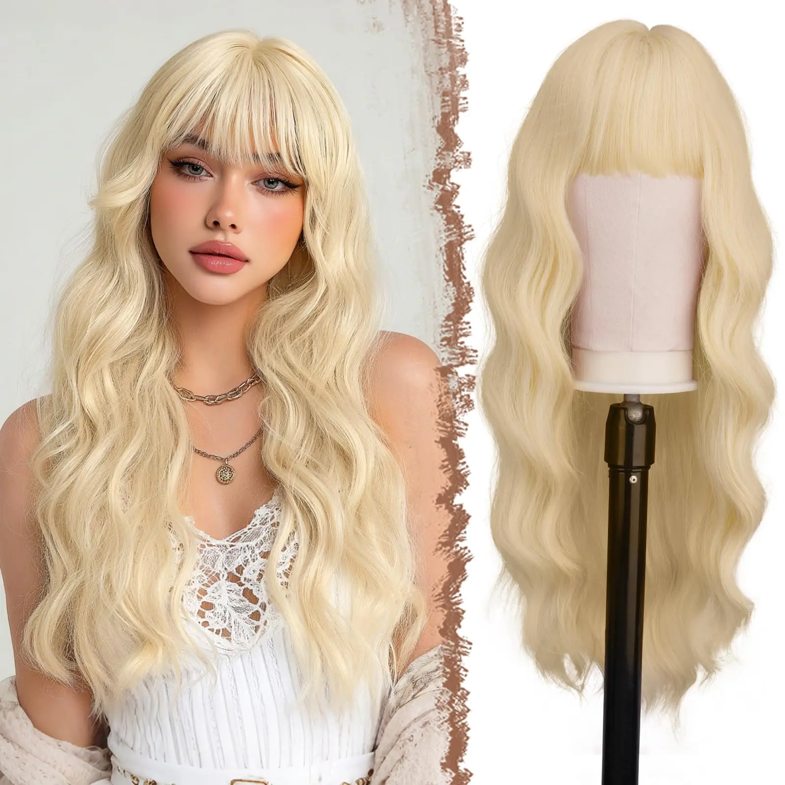 

Long curly blonde synthetic wig for Halloween cosplay party, costume party, daily party, hot weather hair accessory.