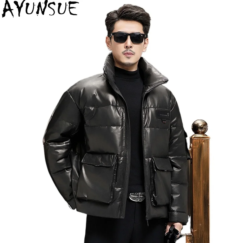 

AYUNSUE Top Layer Calfskin Down Jackets Man Winter Genuine Leather Down Coat Stand Collar Short Warm Goose Down Jacket abrigos