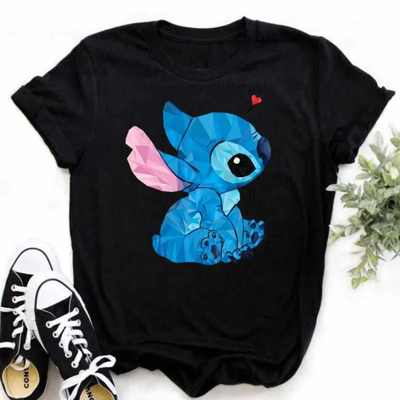 Disney Cartoon Kawaii Lilo Stitch Graphics Women T-Shirt Summer Loose Tees 90s Ladies Short Sleeve O-Neck Black Y2K Tops