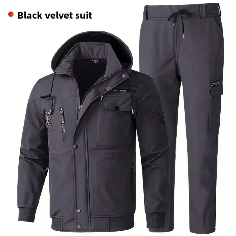 Men's Fleece Lined Thickened Autumn Winter Workwear Camouflage Jacket Pants Set Warm Resistant to Dirt And Wear for Labor Protec