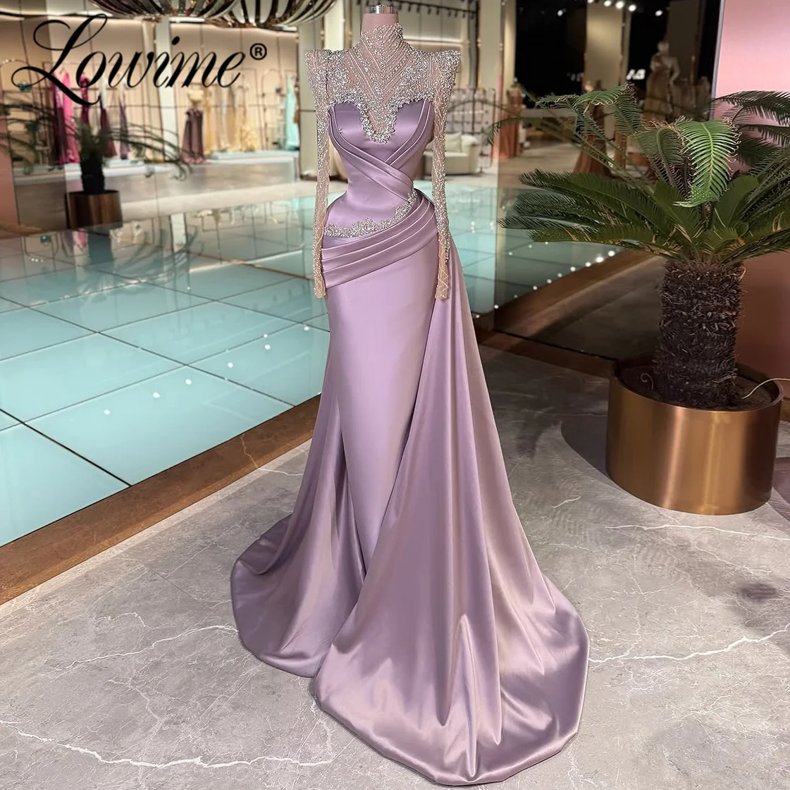 Satijn Paars Kristal Zeemeermin Feestjurk Aangepaste Lange Mouw Vrouw Prom Jurken Arabische Avondjurk Met Overrok
