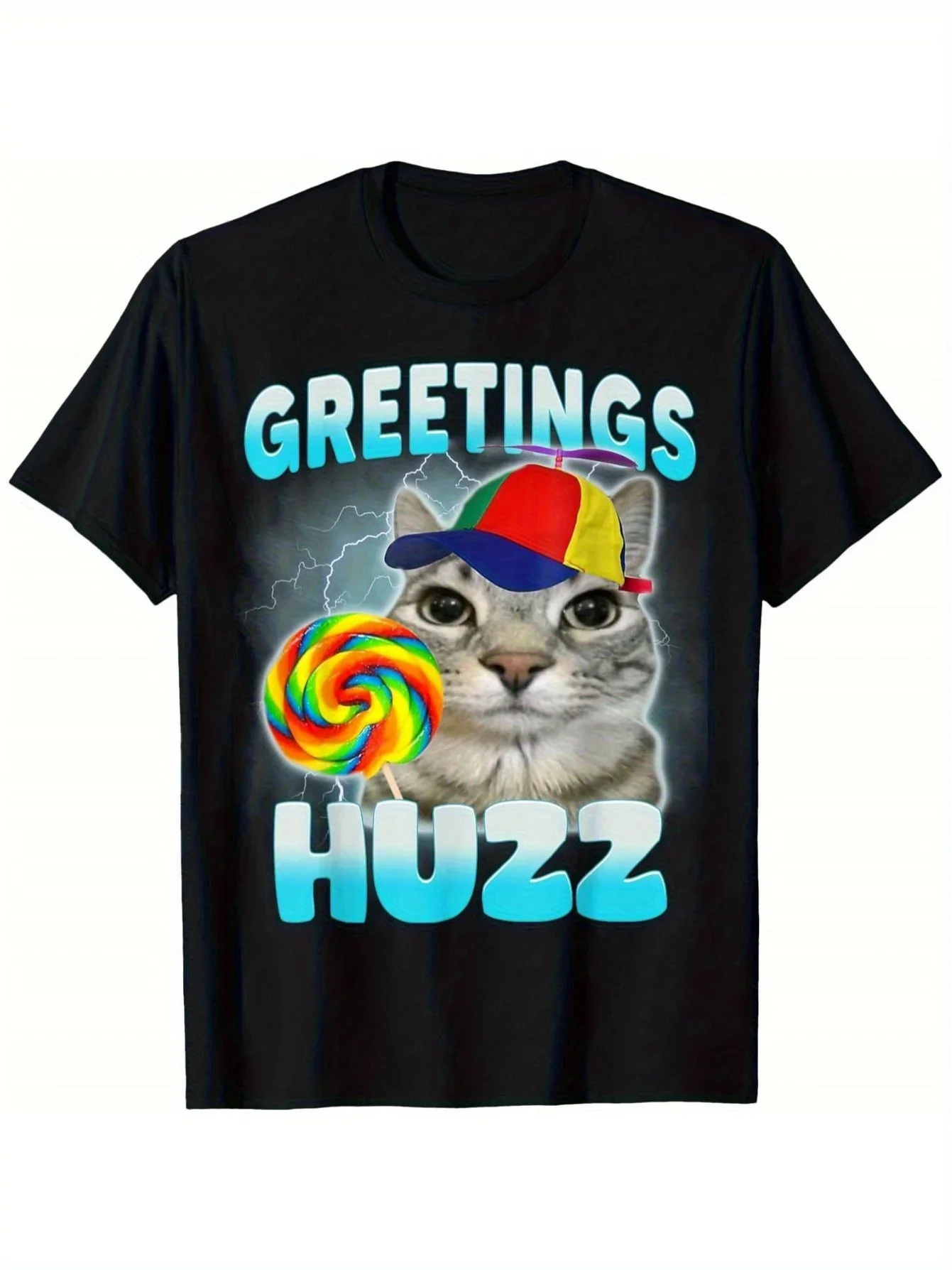 

Greetings Huzz Fun Cat Meme T-Shirt Soft Breathable Crew Neck Tee with Rainbow Lollipop & Party Hat Design Women Clothing
