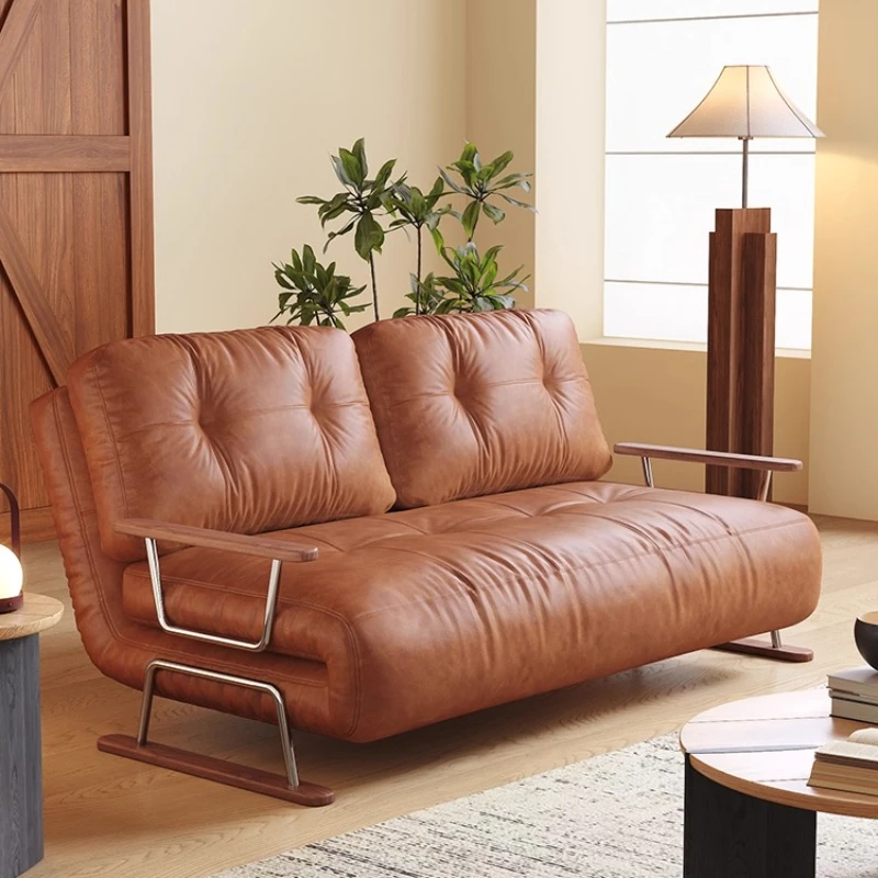 

Sofa bed integrated dual-purpose single foldable medieval living room retro oil wax leather