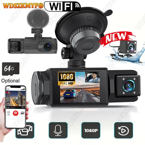 Imagen 1 del producto Cámara de salpicadero WIFI de 3 lentes, grabadora de vídeo de 1080P, DVR para coche, 2Len, opciones frontales, cámara de visión trasera, accesorios de visión nocturna para coche