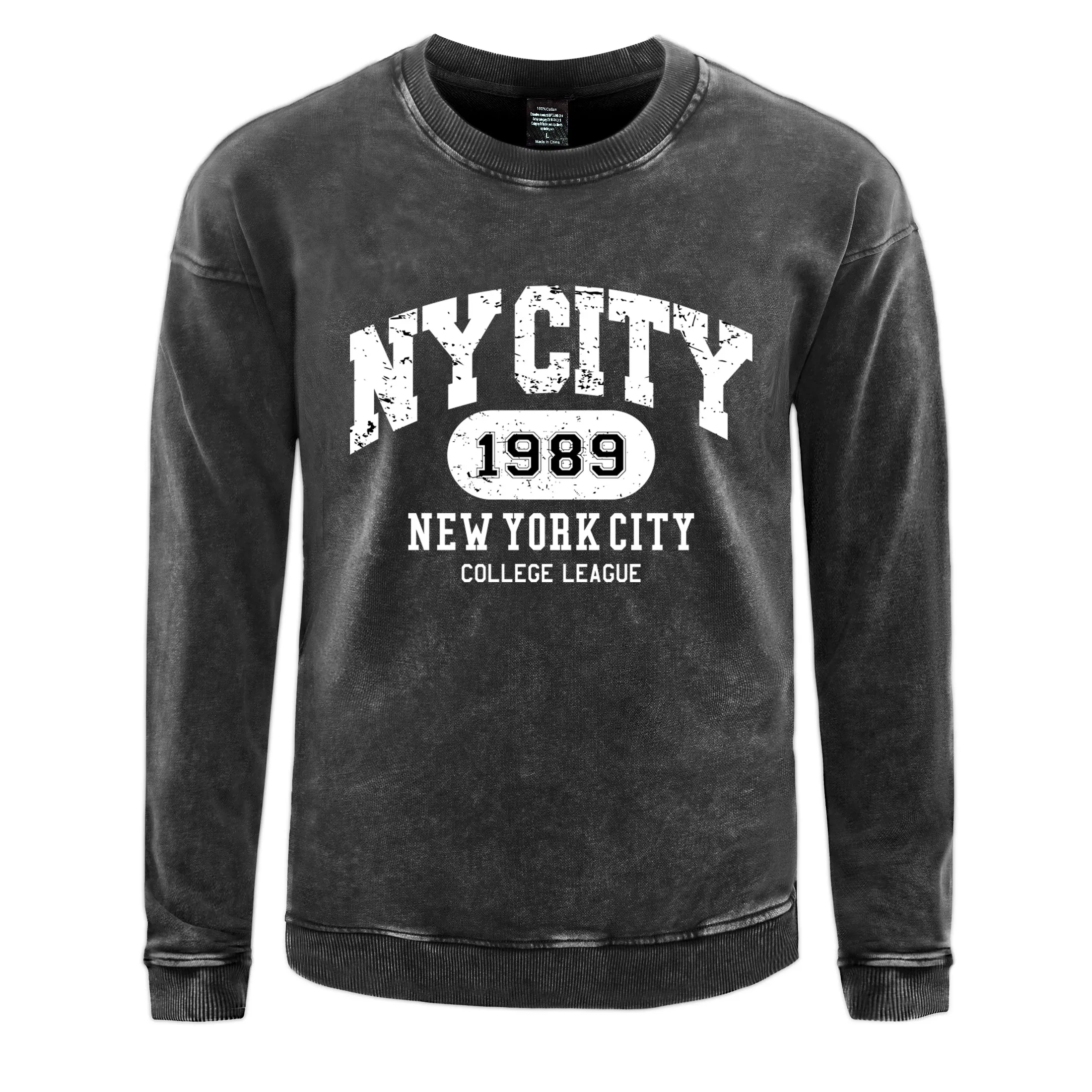 Nycity 1989 Ney York City College League Men Washed Cotton Streetwear Simple Casual Pullover Autumn Couple Tops Clothes