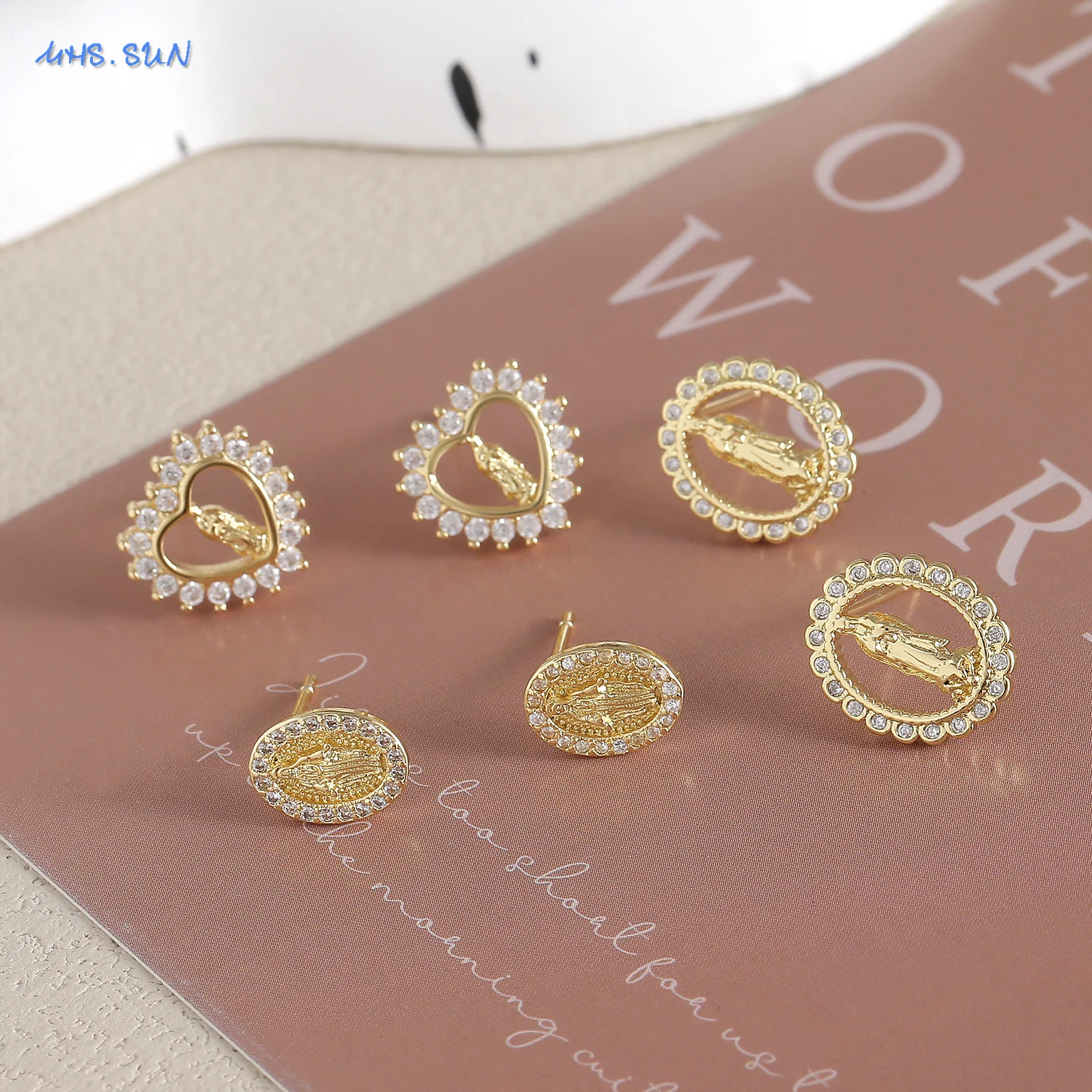 MHS.SUN Zircon Virgin Mary Portrait Stud Earrings for Women Exquisite Gold Plated Santa Maria Earring Religion Jewelry Gift