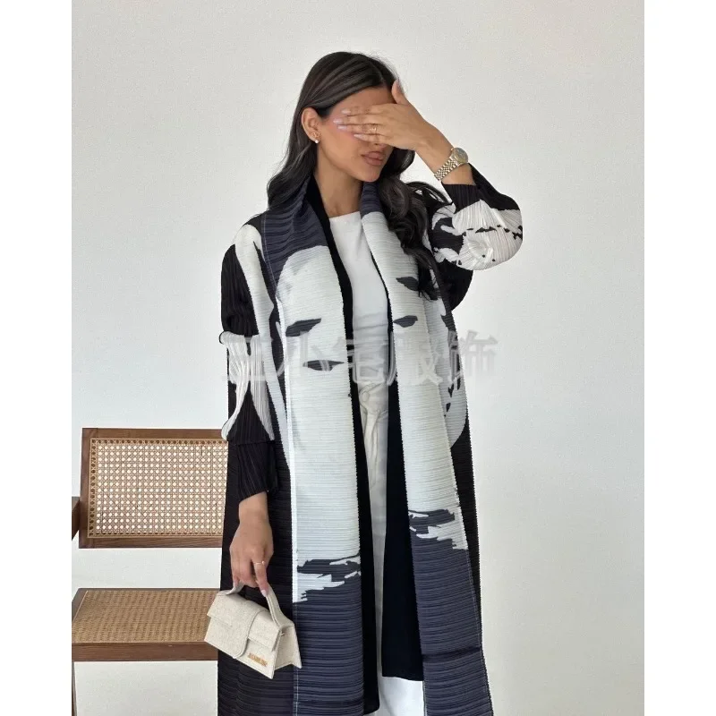 Pleats Retro Printed Pleated Windbreaker Women\'s Patchwork Collar Belt Long Windbreaker Jacket Saudi Arabia New Muslim Abaya