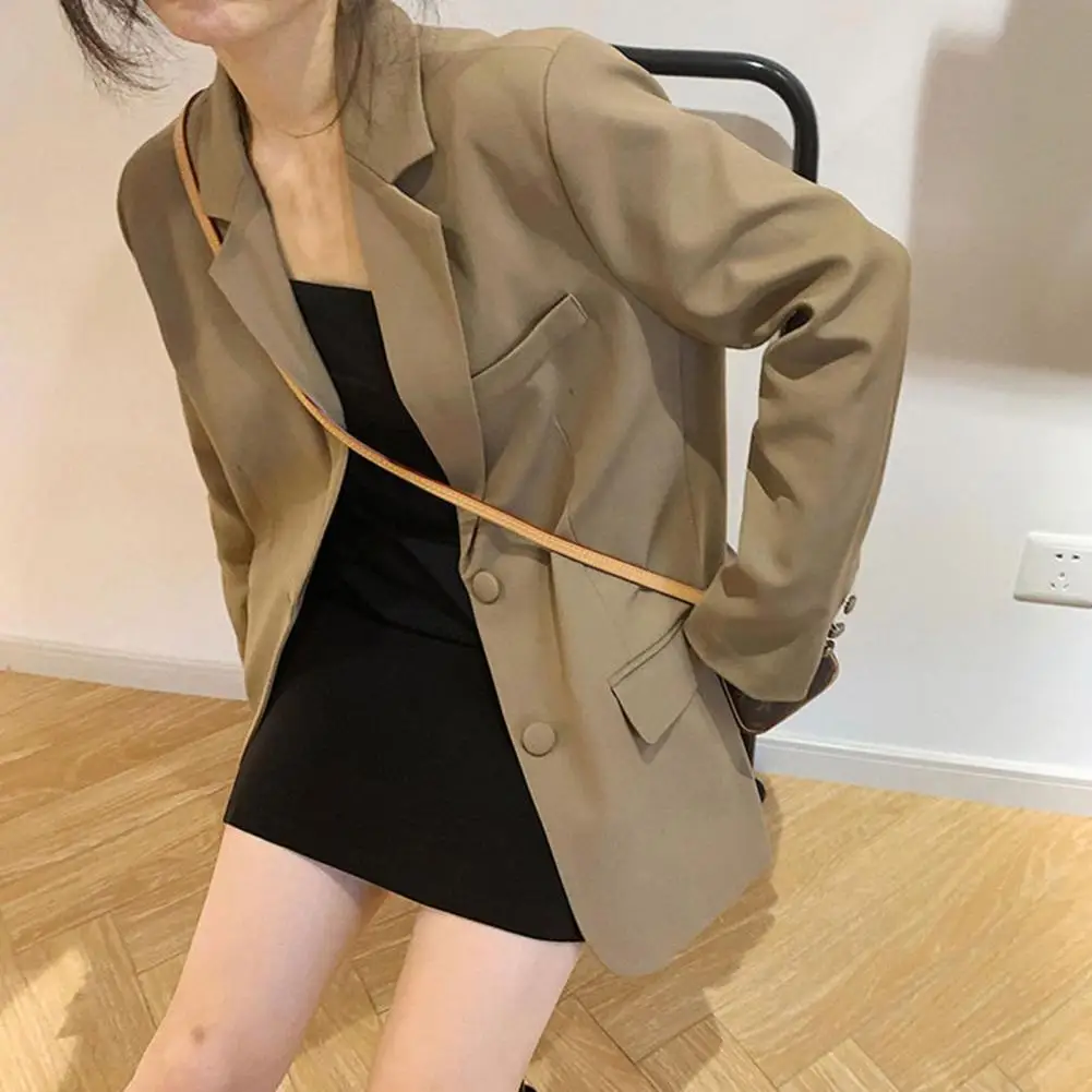 Women Suit Coat Lapel Long Sleeve Flap Pockets Suit Jacket Cuff Button Detail Single Breasted Loose Fit Work Outwear