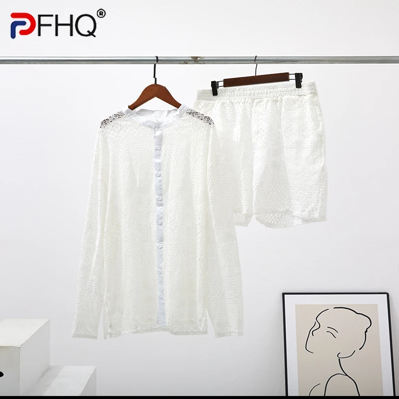 PFHQ 2023 Summer New Hollow Out Sexy Lace Shorts Shirt Sets Men\'s Fashion Suit Clothes Free Shipping Trendy Elegant Beach Cheap