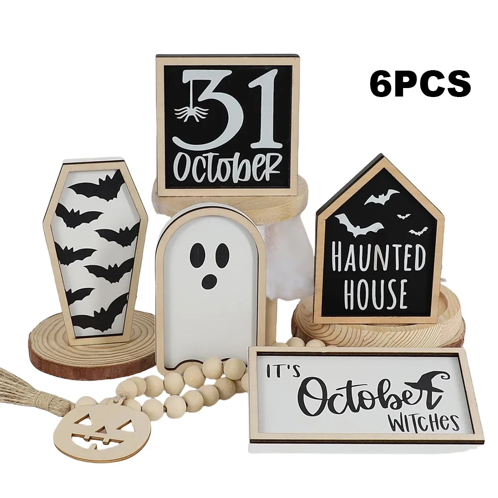 

6Pcs Bat Coffin Haunted House Ghost Witches October 31 Sign Bead Garland Halloween Tiered Tray Decor Set Cute Wooden Sign Ghost