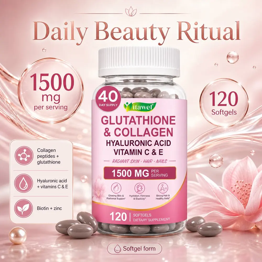 Itawel Glutathione Collagen Hyaluronic Acid Softgels Radiant Skin Hydration Firmness Elasticity Hair Nails Support 120 Softgels