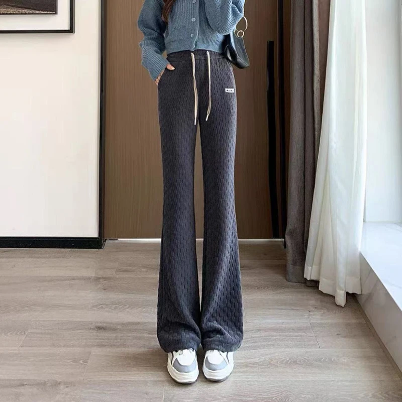 Fashion Women Spring Autumn Flare Pants Elastic High Waist Solid Chessboard Pattern Slim Casual Straight Wide Leg Trousers 2024