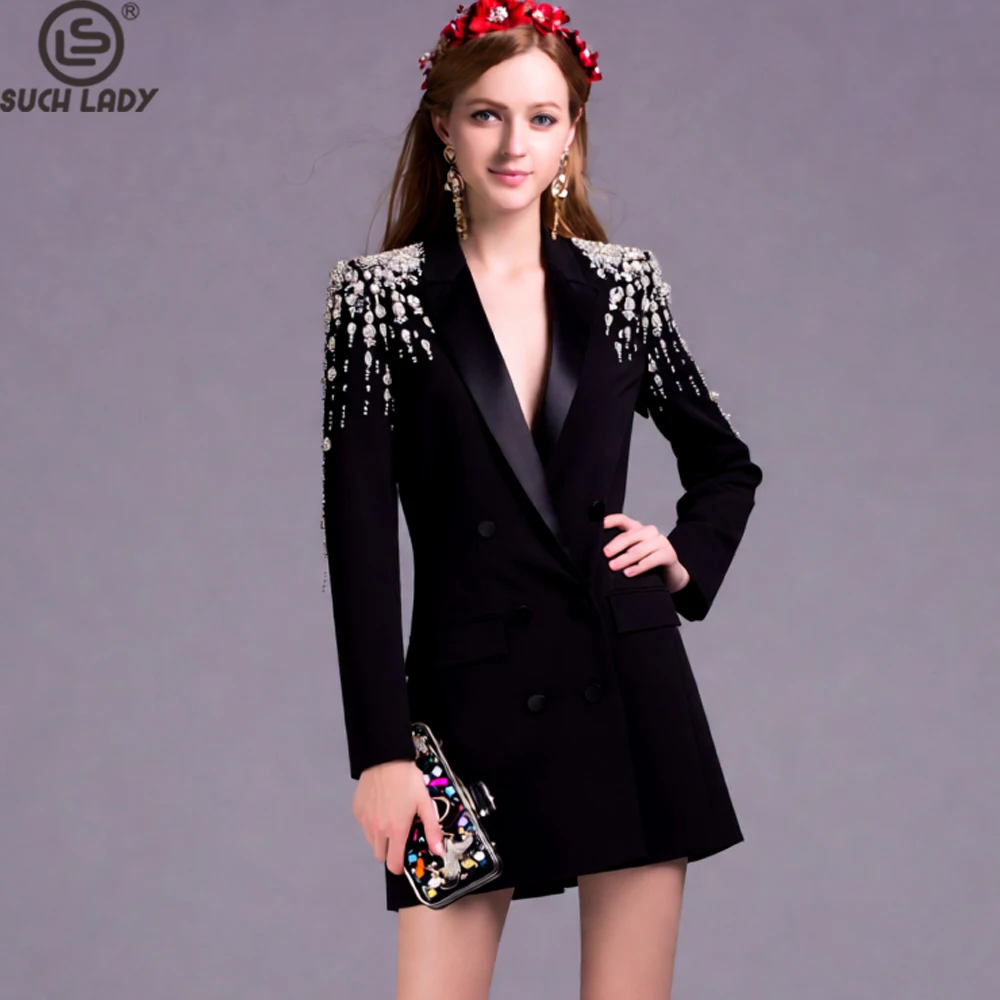 Women'sDouble Breasted Blazer Long Sleeve Tuxedo Style Jacket Luxury Crystal Rhinestone Shoulder Embellishment Elegant Outerwear