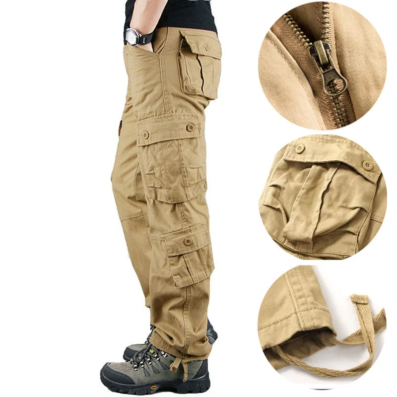 Pantalones militares de algodón para hombre, pantalón táctico informal con múltiples bolsillos, color caqui, para las cuatro estaciones