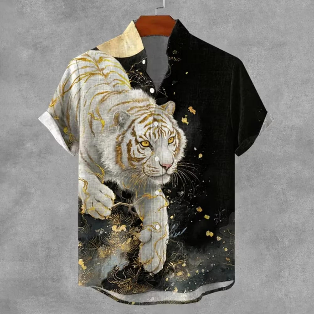 Retro Ukiyo-e Black Cat Riding Mount Fuji Printed Linen Blend Shirt Men's Stand up Collar Short Sleeved Casual Button up Shirt