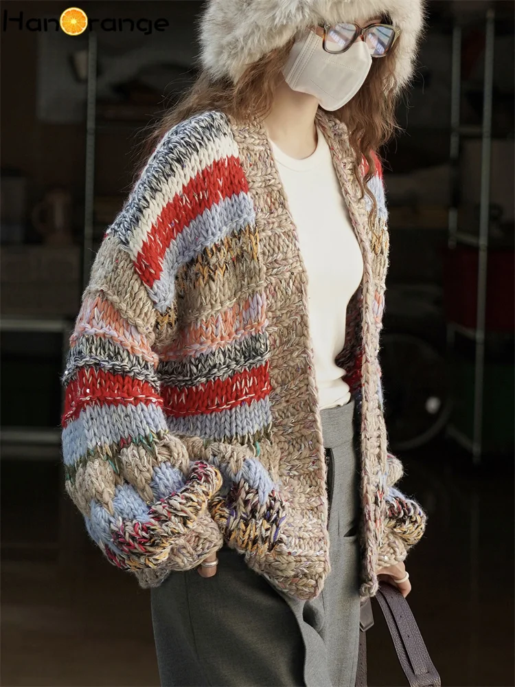 

HanOrange зимний ретро ленивый грубый полосатый вязаный шерстяной свитер женский универсальный верх с открытой строчкой кардиган