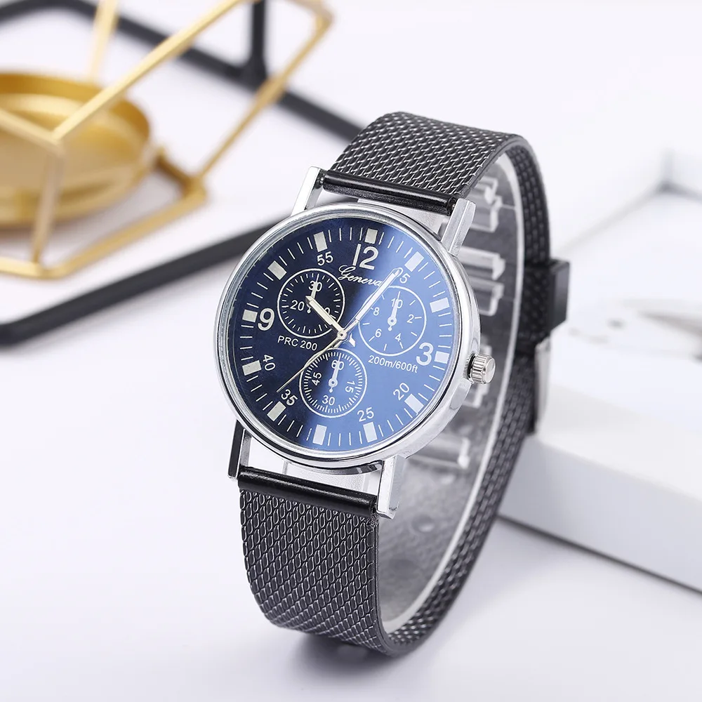 

Men's Quartz Watch Blue Glass Silicone Mesh Strap Business Sport Dial