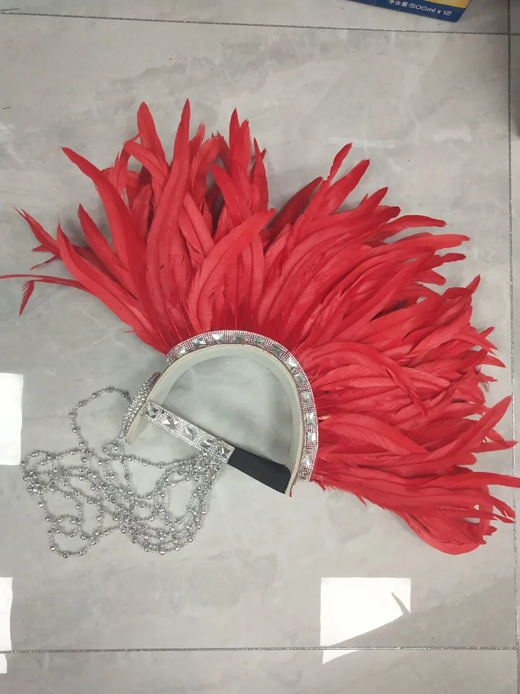 Tocado de cresta de gallo de plumas rojas exageradas, accesorios para el escenario, tocado de diamantes de imitación, adorno para espectáculo de bailarina para hombres y mujeres